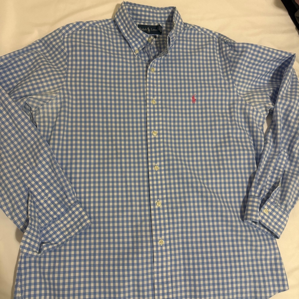 Polo Ralph Lauren Mens‎ Blue Gingham Custom Fit Button Down Shirt Pink Pony L